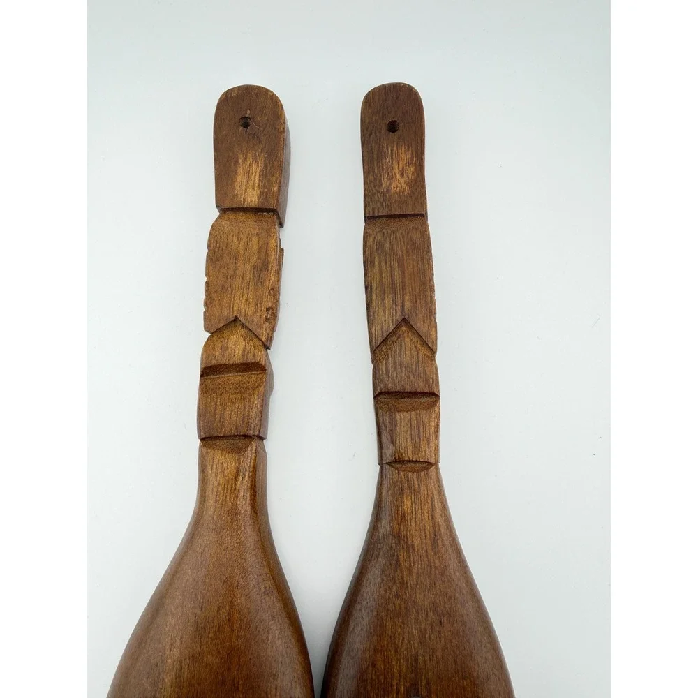 Vintage Hand Carved Wooden Tiki Salad Servers 12 Inch Wood Fork Spoon Set MCM